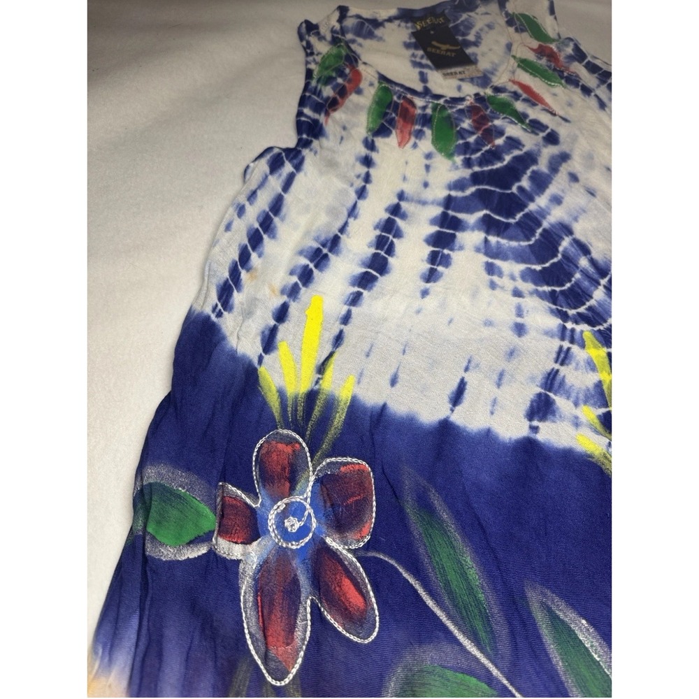 Seerat Womens Tie Dye Floral Embroidered Sleeveless Tunic Dress Orange Blue NEW - Picture 2 of 7